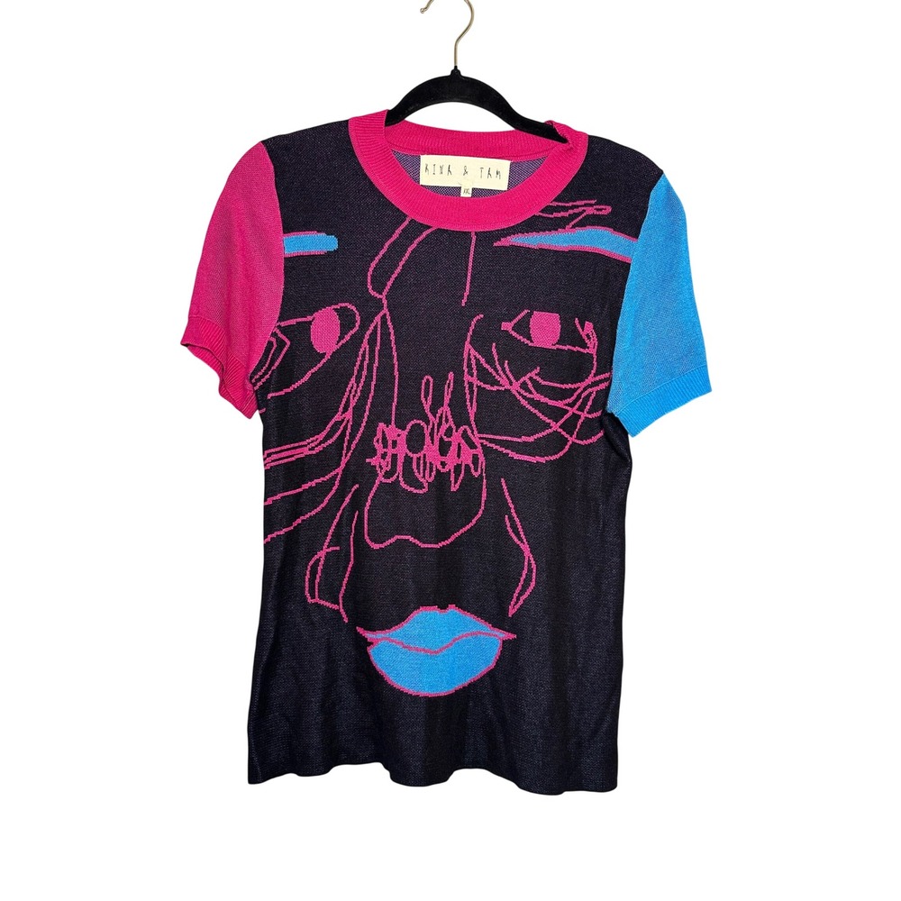 KINA & TAM Superego Knit Face Graphic Sweater Top Short Sleeve XXL Funky‎ Fun